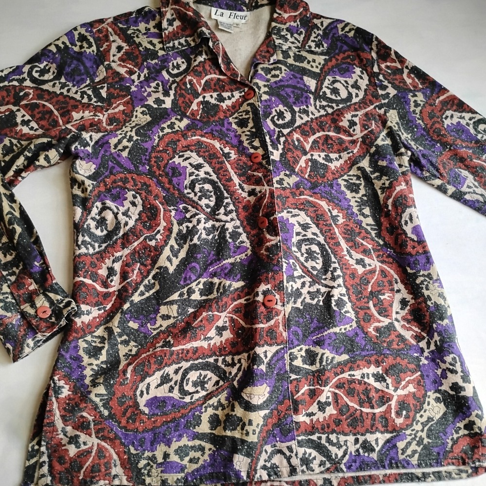 La Fleur Top Medium Raw Silk Colorful Floral Button‎ Down Shirt Vintage